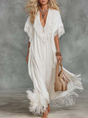 Casual V-Neck Fringe Flowing Maxi Dress