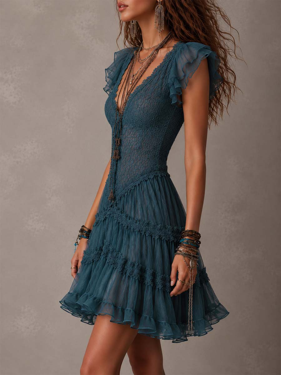 Sexy Lace Chiffon Ruffle Mini Dress