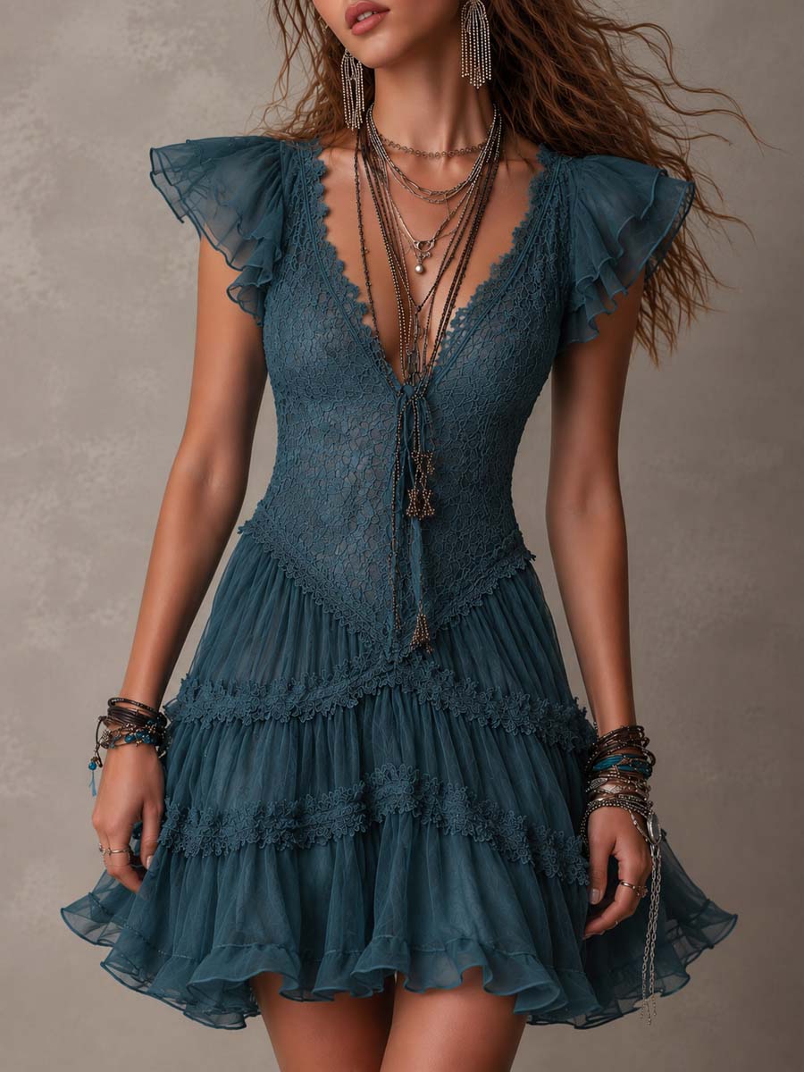 Sexy Lace Chiffon Ruffle Mini Dress