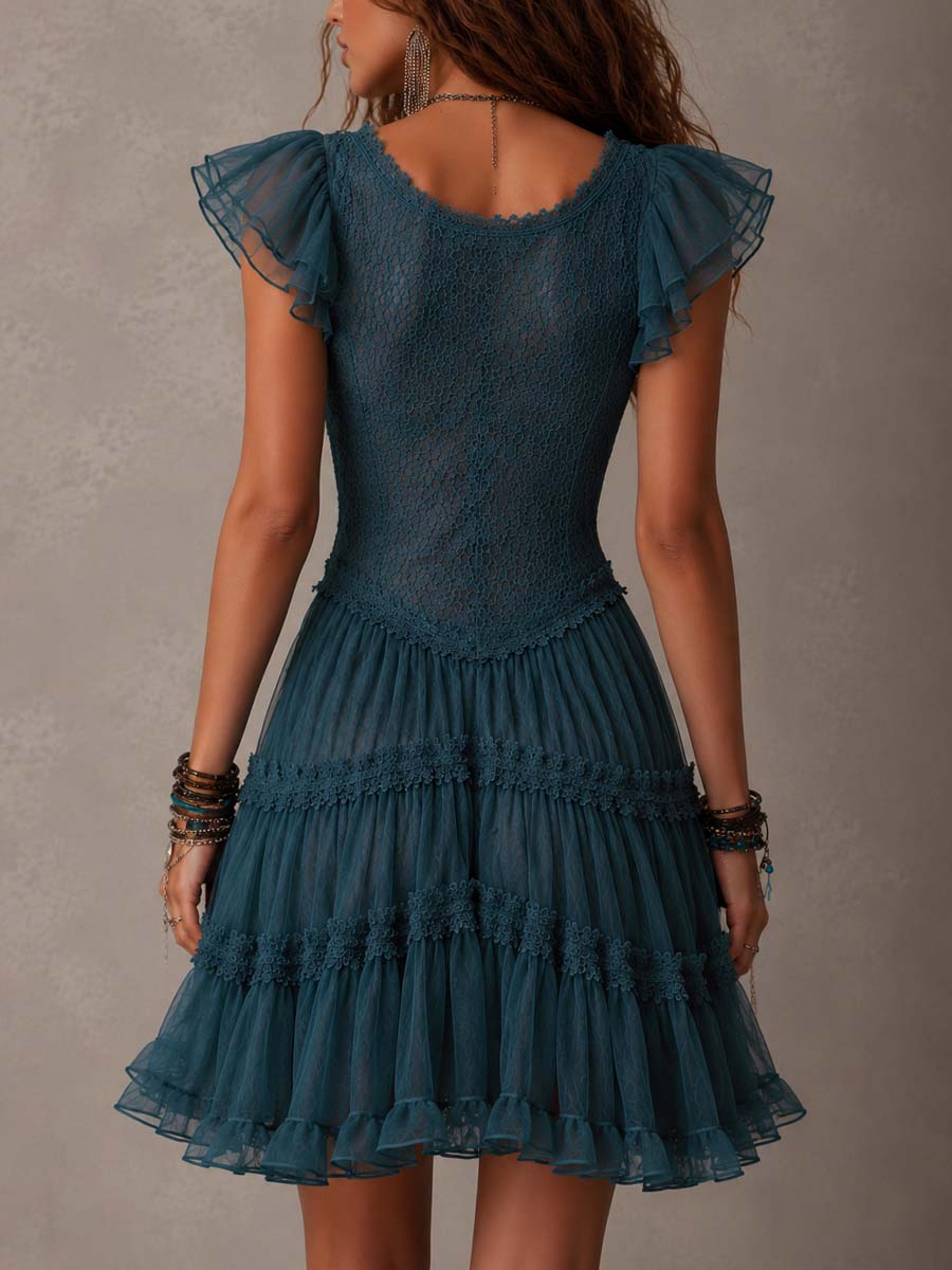 Sexy Lace Chiffon Ruffle Mini Dress