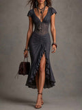 Sexy Lace Waist-Ruched Midi Dress
