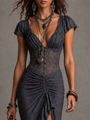 Sexy Lace Waist-Ruched Midi Dress