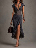 Sexy Lace Waist-Ruched Midi Dress