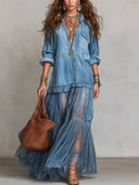 Classic Denim Ruffle Romantic Maxi Dress