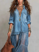 Classic Denim Ruffle Romantic Maxi Dress