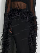 Elegant Sheer Feather Trim Top & Mermaid Maxi Skirt Two-Piece Set