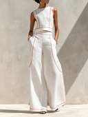 Minimalist Contrast Stitch Shirt & Wide-Leg Pants Set