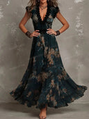 Elegant Floral Print Lace Trim Tiered Maxi Dress