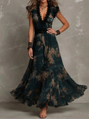 Elegant Floral Print Lace Trim Tiered Maxi Dress