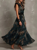 Elegant Floral Print Lace Trim Tiered Maxi Dress