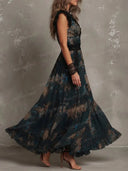 Elegant Floral Print Lace Trim Tiered Maxi Dress