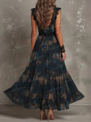 Elegant Floral Print Lace Trim Tiered Maxi Dress