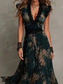 Elegant Floral Print Lace Trim Tiered Maxi Dress