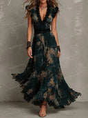 Elegant Floral Print Lace Trim Tiered Maxi Dress