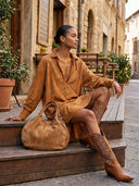 Retro Suede Lapel Embroidered Midi Dress