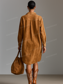 Retro Suede Lapel Embroidered Midi Dress
