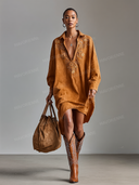 Retro Suede Lapel Embroidered Midi Dress