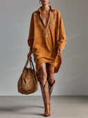 Retro Suede Lapel Embroidered Midi Dress