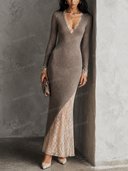 Sexy Lace Panel V-Neck Bodycon Maxi Dress