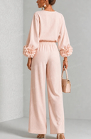 Elegant Floral Long-Sleeve Top and Wide-Leg Pants Two-Piece Set