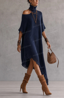 Asymmetric Off-Shoulder Turtleneck Knit Maxi Dress