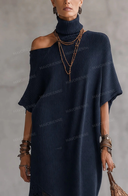 Asymmetric Off-Shoulder Turtleneck Knit Maxi Dress