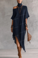 Asymmetric Off-Shoulder Turtleneck Knit Maxi Dress