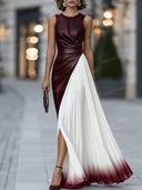 Elegant Colorblock Ruched Waist Pleated Maxi Dress