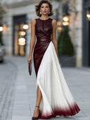 Elegant Colorblock Ruched Waist Pleated Maxi Dress