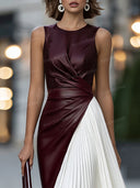 Elegant Colorblock Ruched Waist Pleated Maxi Dress