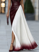 Elegant Colorblock Ruched Waist Pleated Maxi Dress
