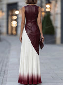 Elegant Colorblock Ruched Waist Pleated Maxi Dress