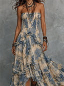 Boho Floral Strapless Ruffle Tiered Maxi Dress