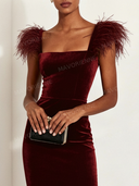 Elegant Feather Trim Velvet Midi Dress