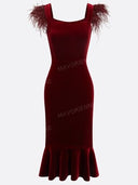 Elegant Feather Trim Velvet Midi Dress