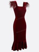 Elegant Feather Trim Velvet Midi Dress