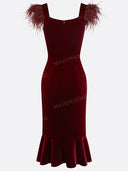 Elegant Feather Trim Velvet Midi Dress