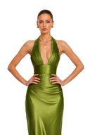 Serenity Olive Green Halter Ruched Satin Maxi Dress