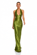 Serenity Olive Green Halter Ruched Satin Maxi Dress