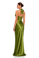 Serenity Olive Green Halter Ruched Satin Maxi Dress
