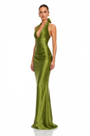 Serenity Olive Green Halter Ruched Satin Maxi Dress