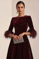 Velvet Midi Dress with Feather Cuffs - Luxe Evening Wear