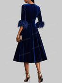 Velvet Midi Dress with Feather Cuffs - Luxe Evening Wear