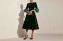 Velvet Midi Dress with Feather Cuffs - Luxe Evening Wear