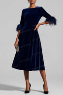 Velvet Midi Dress with Feather Cuffs - Luxe Evening Wear