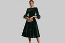 Velvet Midi Dress with Feather Cuffs - Luxe Evening Wear