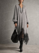Lace Trim V-Neck Sweater Maxi Dress