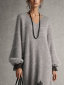 Lace Trim V-Neck Sweater Maxi Dress