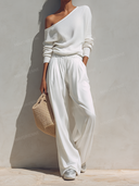 Off Shoulder Knit Top & Wide Leg Pants Set