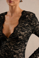 Sexy Floral Lace Plunge Neck Long Sleeve Maxi Dress